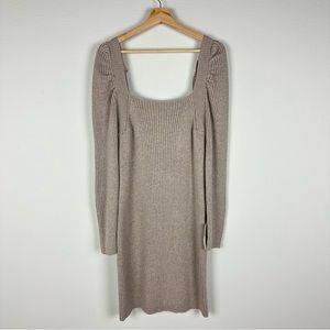 Bohme Lavetta Sweater Taupe Mini Dress Puff Sleeve Tie Back Stretch Ribbed